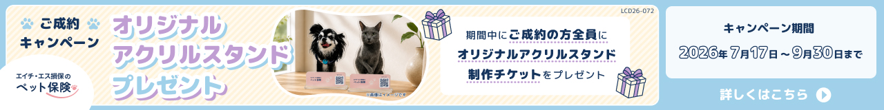 エイチ・エス損保のペット保険　ご成約キャンペーン　オリジナルアクリルスタンドプレゼント　キャンペーン期間2026年7月17日〜9月30日まで