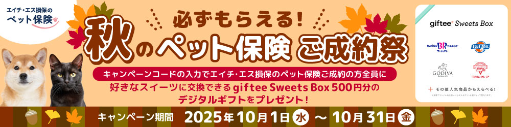 エイチ・エス損保のペット保険　必ずもらえるあきのペット保険ご成約祭　好きなスイーツに交換できる giftee Seets Box 500円分のデジタルギフトをプレゼント！キャンペーン期間 2025年10月1日（水）〜10月31日（金）