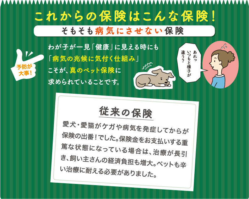 これからの保険はこんな保険！　そもそも病気にさせない保険　わが子が一見「健康に見える時にも「病気の兆候に気づく仕組み」こそが、真のペット保険に求められていることです。