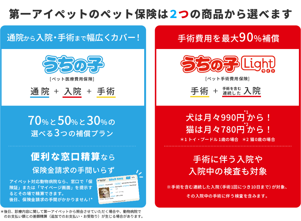 第一アイペットのペット保険は2つの商品から選べます。幅広い補償でいつでも安心「うちの子」　手頃な保険料でもしもに備える「うちの子ライト」